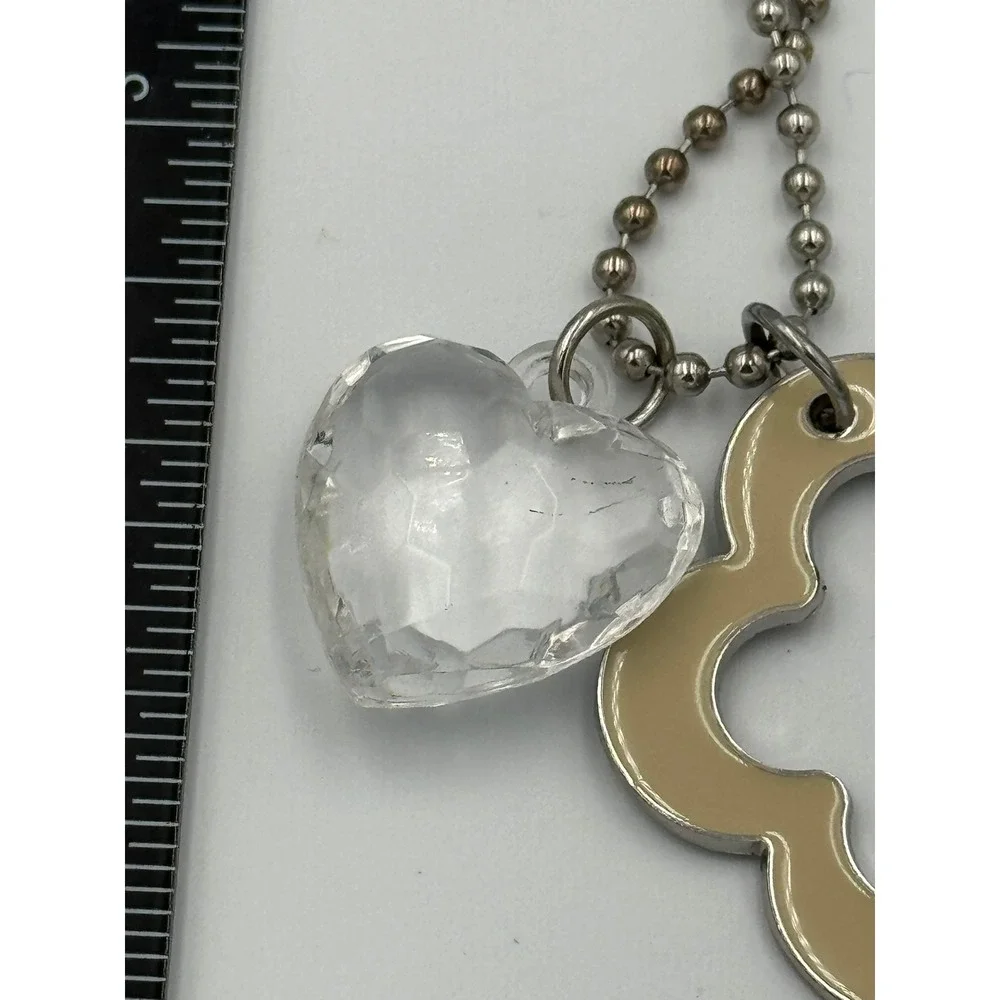 Tan Enamel Flower and Faceted Clear Heart Charm Keychain Silver Tone Ball‎ Chain